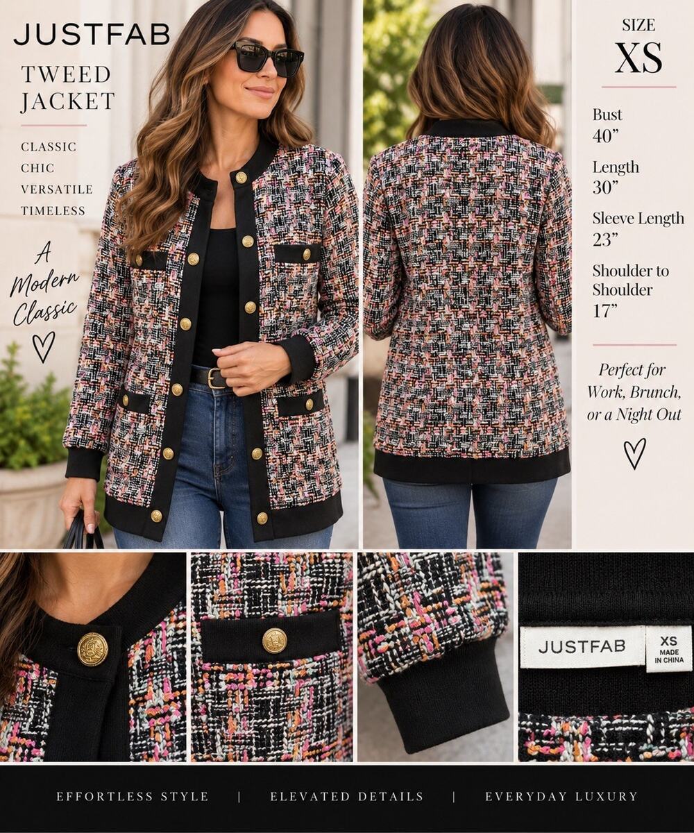 JUSTFAB XS Multicolor Tweed Jacket Gold Buttons Black Trim Long Blazer Preppy